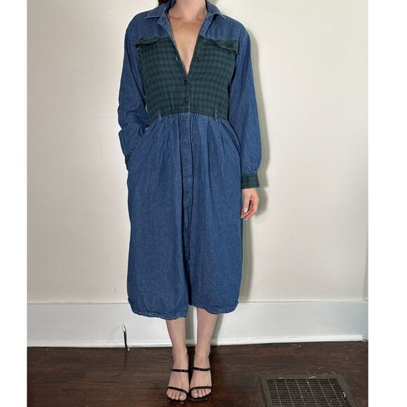 Talbots Vintage Denim Plaid Midi Dress Size 8P - Picture 2 of 4